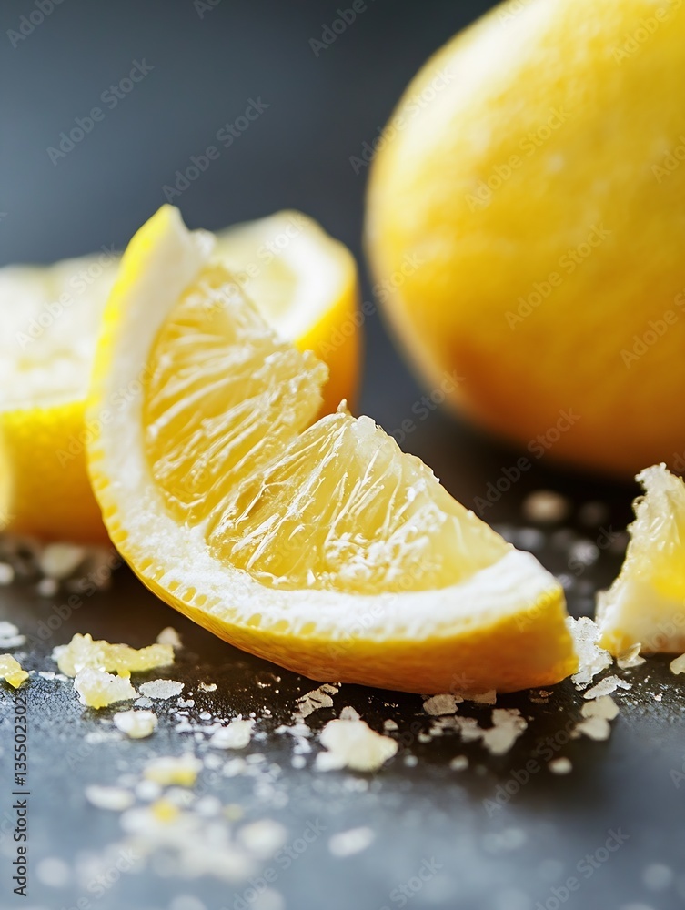 Poster juicy fresh lemon slices with salt crystals creating a refreshing still life composition on dark bac