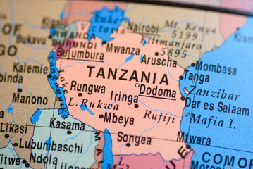 Tanzania on political map of globe, travel concept, selective focus, background