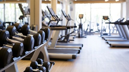 Fototapeta premium Wellequipped gym showcasing dumbbells and workout machines in a bright atmosphere : Generative AI
