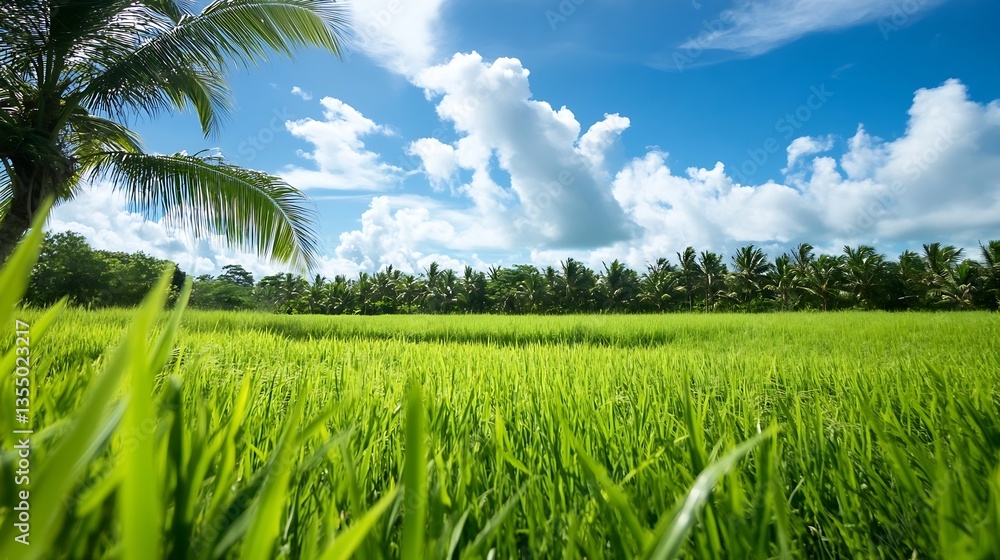 Poster stunning lush green rice fields under blue sky with fluffy clouds and palm trees : generative ai