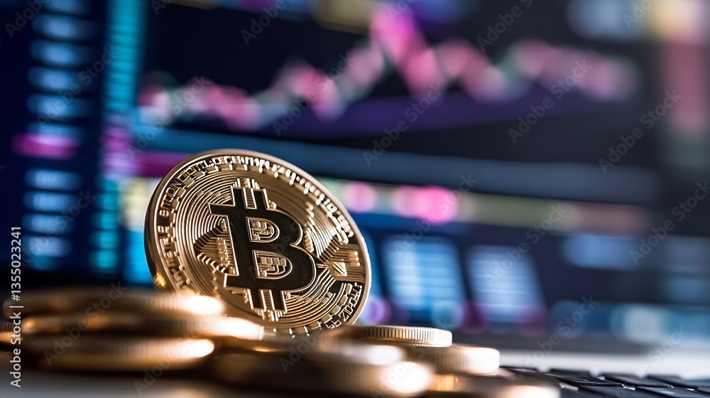 Poster Closeup image of a Bitcoin coin in focus with colorful stock market data displayed in the background : Generative AI