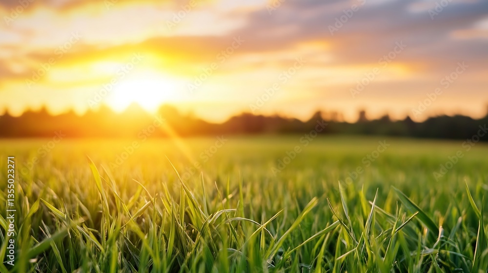Poster serene sunset over a lush green field with glowing sunlight creating a peaceful and tranquil atmosph