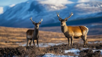Obraz premium Captivating moment of two majestic deer with antlers grazing in a scenic mountainous landscape during daytime : Generative AI