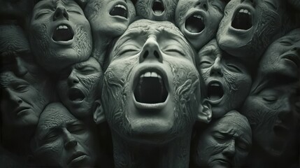 A close-up view of grotesque, distorted faces screaming in an intense and surreal collage. This highly emotional image reflects themes of horror, fear, and inner turmoil, ideal for dark conceptual