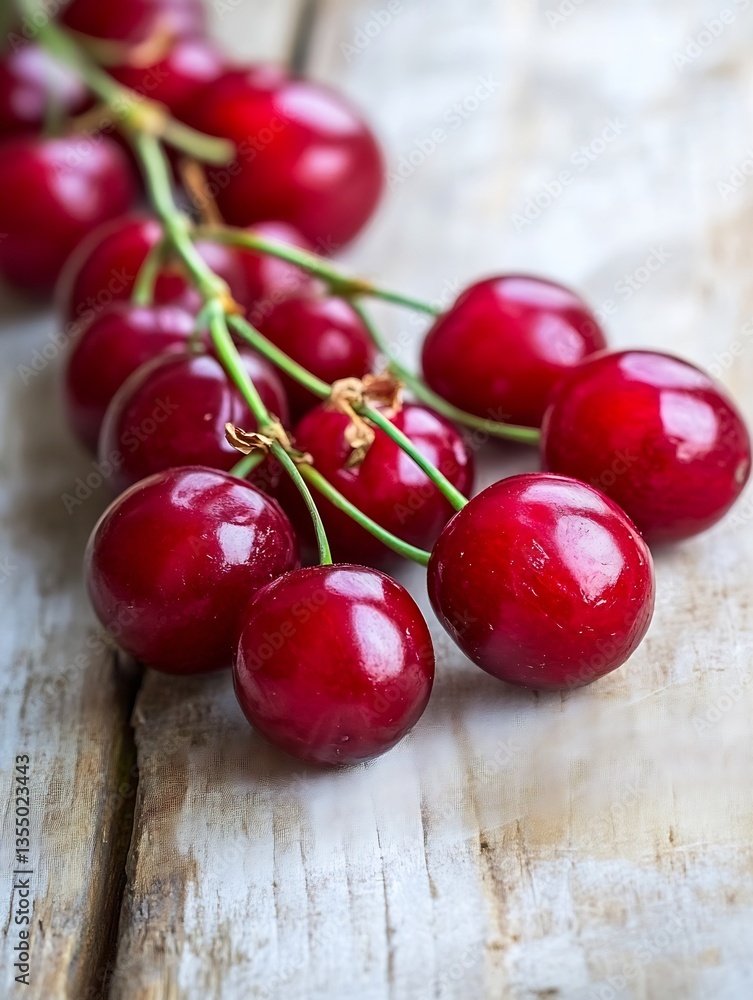 Leinwandbilder cluster of fresh red cherries with a glossy finish arranged on rustic wooden surface : generative ai