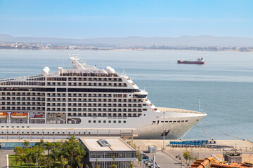 Large white cruise ship docked at the shore