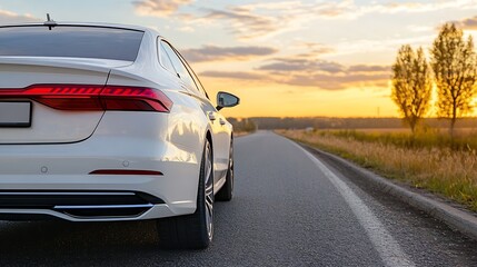 Fototapeta premium Stylish white luxury car parked on an empty road with a stunning sunset backdrop : Generative AI