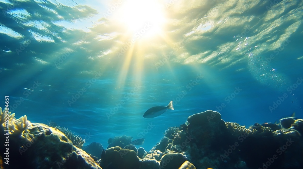Aufkleber underwater scene in coral reef with sunlight streaming through water surface : generative ai