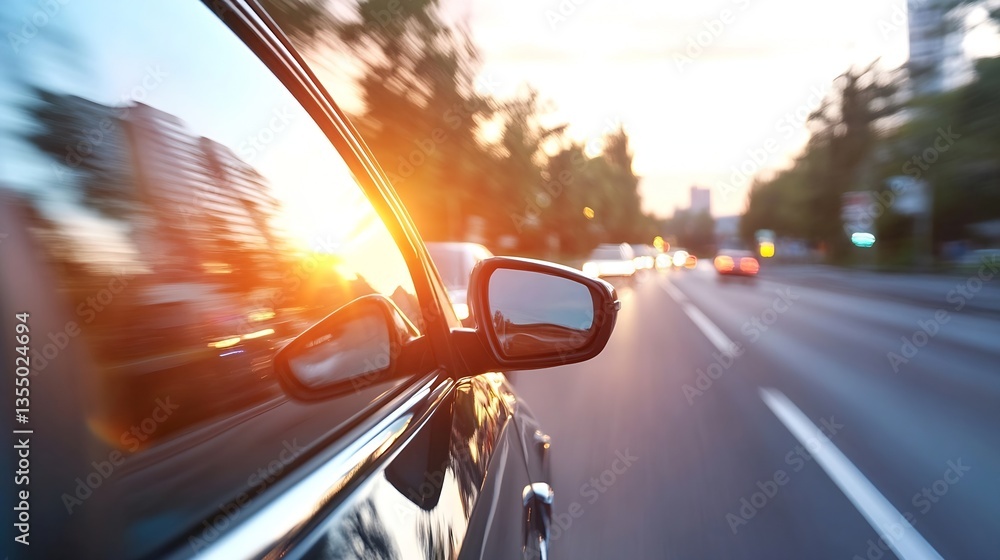 Aufkleber glorious sunset view from a moving car capturing light and motion bliss : generative ai