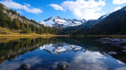 Majestic SnowCapped Mountains Reflecting on a Crystal Clear Lake Under Blue Skies : Generative AI