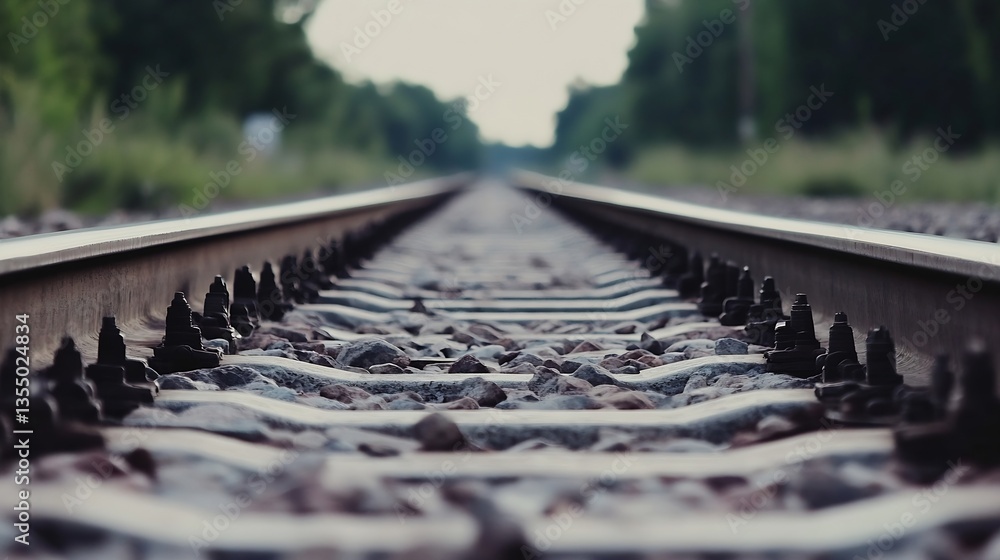 Poster Perspective view of railway tracks stretching into the distance surrounded by greenery and nature : Generative AI