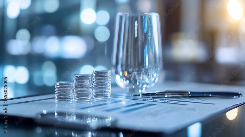 Poster close up of glass water and stacked coins on financial report with blurred background : generative a