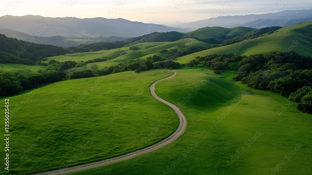 Poster rolling green hills with winding road and majestic mountains in the distant background under a soft 