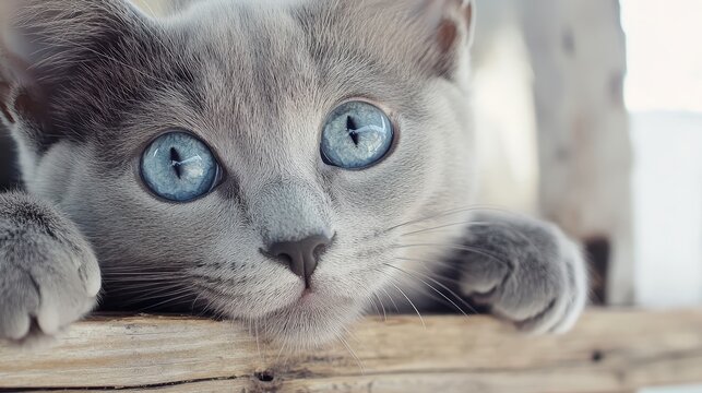 Adorable grey kitten with blue eyes resting on wooden plank