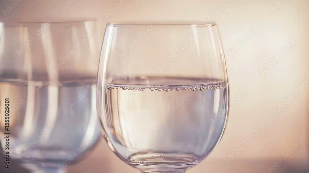 Poster Two elegant glasses filled with sparkling water capturing reflections in soft lighting : Generative AI