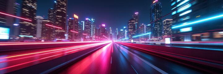 Fototapeta premium Dynamic cityscape at night, showcasing vibrant light trails and a bustling urban environment, perfect for marketing and advertising themes.