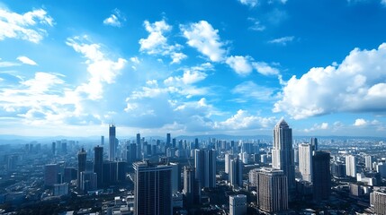 Fototapeta premium Stunning panorama of a vibrant city skyline under a bright blue sky filled with puffy clouds : Generative AI