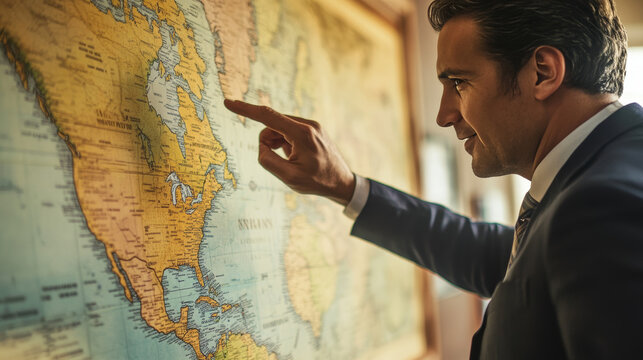 A businessman points to a financial chart, illustrating global economic planning and strategic business growth objectives