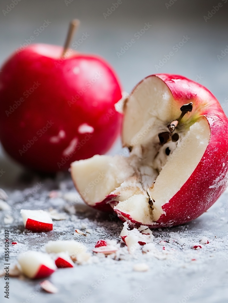 Fototapete A vibrant display of two whole red apples one bitten into on a textured background : Generative AI