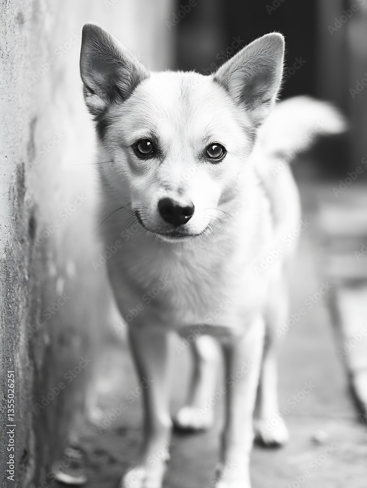 Aufkleber Adorable fluffy white dog with upright ears looking directly at the camera in a black and white setting : Generative AI
