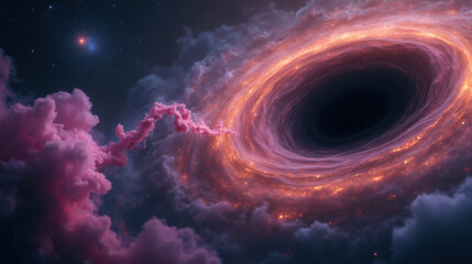 Obraz premium stunning cosmic scene featuring swirling black hole surrounded by vibrant pink and purple clouds, showcasing beauty of universe