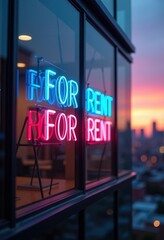 Neon 'For Rent' Sign Illuminating Glass Office Building at Dusk  