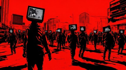 Red Cityscape: A Crowd of Television-Headed Figures Marching Through Urban Streets