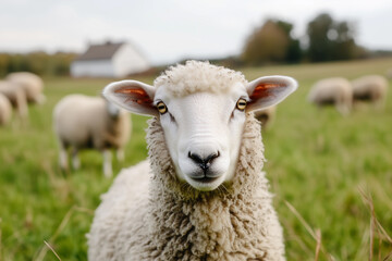 Fototapeta premium Sheep grazing on green meadow on farm in the background