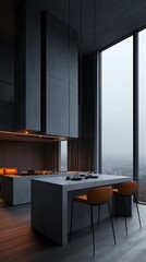 Modern kitchen with city view, and apartment.