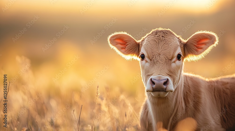 Poster curious young calf looking directly at the camera amidst golden fields bathed in warm sunlight repre