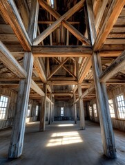 Fototapeta premium Impressive architectural interior showcasing rustic wooden beams and natural light streaming through spacious windows : Generative AI