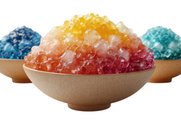 A vibrant rainbow of shaved ice delights in rustic wooden bowls, a refreshing summer treat against a bright white backdrop.