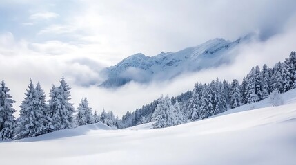 A stunning winter landscape covered in fresh snow with majestic mountains peeking through low fog and evergreen trees : Generative AI