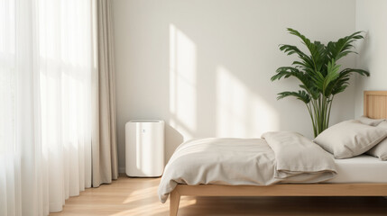 serene bedroom with cozy bed, large windows, and green plant. sunlight casts soft shadows, creating peaceful atmosphere