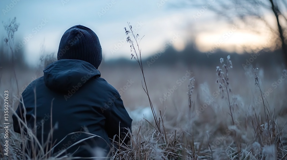 Poster thoughtful individual seated in a serene field during dusk surrounded by tall grasses and nature : g