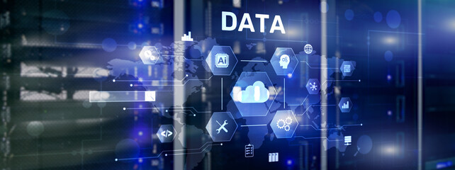 Cloud server and computing, data storage and processing on server background