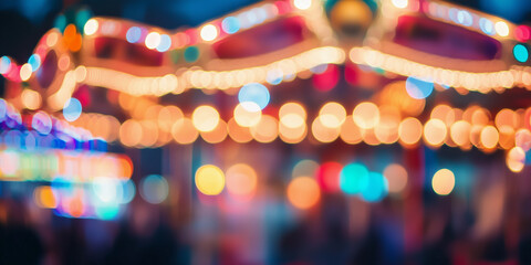 Multicolored lights blurred background with playful carousel bokeh and crowds.