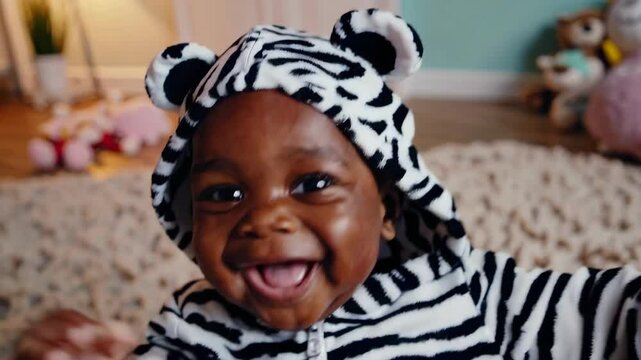 Adorable baby in zebra outfit laughing and crawling across cozy playroom. 4k stock footage