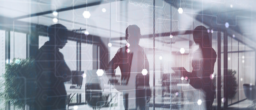 Technology industrial business process workflow organisation structure on virtual screen. Honeycombs and binary code