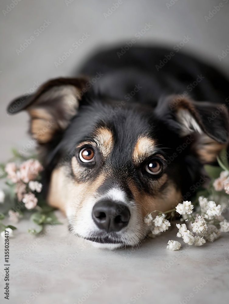 Poster loyal dog relaxing on the floor surrounded by beautiful flowers capturing an affectionate moment : g