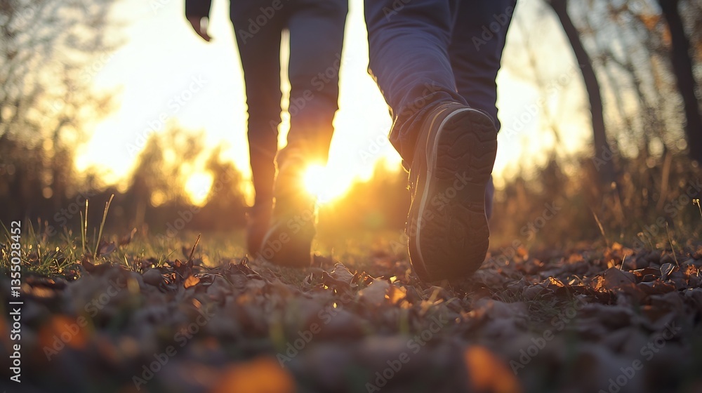 Poster two individuals walking on a grassy path during sunset capturing a moment of togetherness : generati