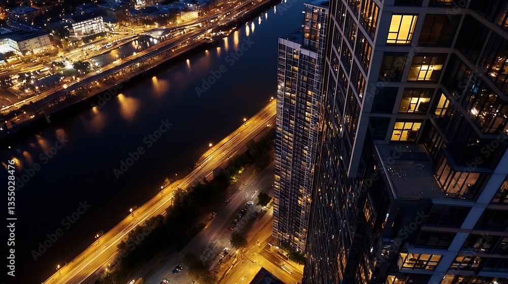 Poster stunning aerial view of a modern cityscape with illuminated streets and a reflective river at night 