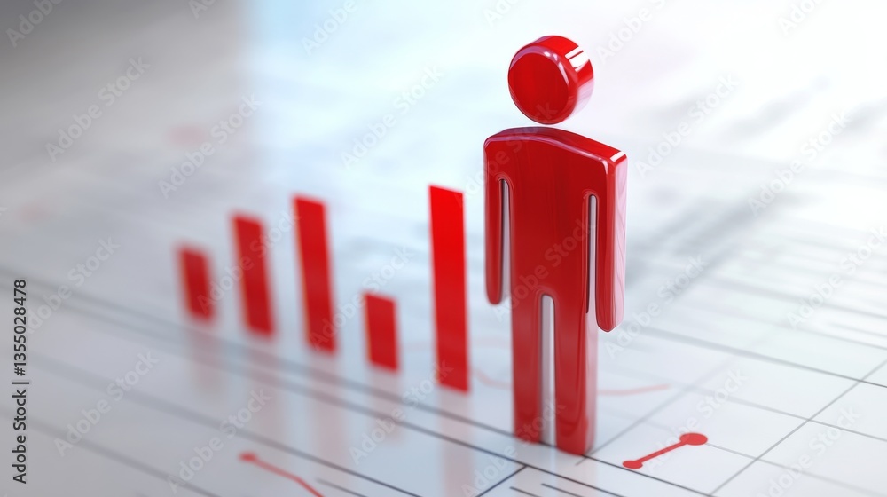 Poster a red figure stands on a bar chart, representing business performance, analytics, and financial prog