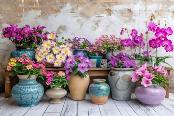 Colorful Flower Arrangement Orchids, Petunias, and Vibrant Blooms Grace Rustic Setting