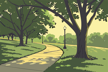 Fototapeta premium 17 Sunlit park pathway, lush green trees, golden hour glow, winding concrete path, tranquil nature scene, verdant grass, dappled sunlight, serene landscape, peaceful walkway, vibrant foliage, warm sum