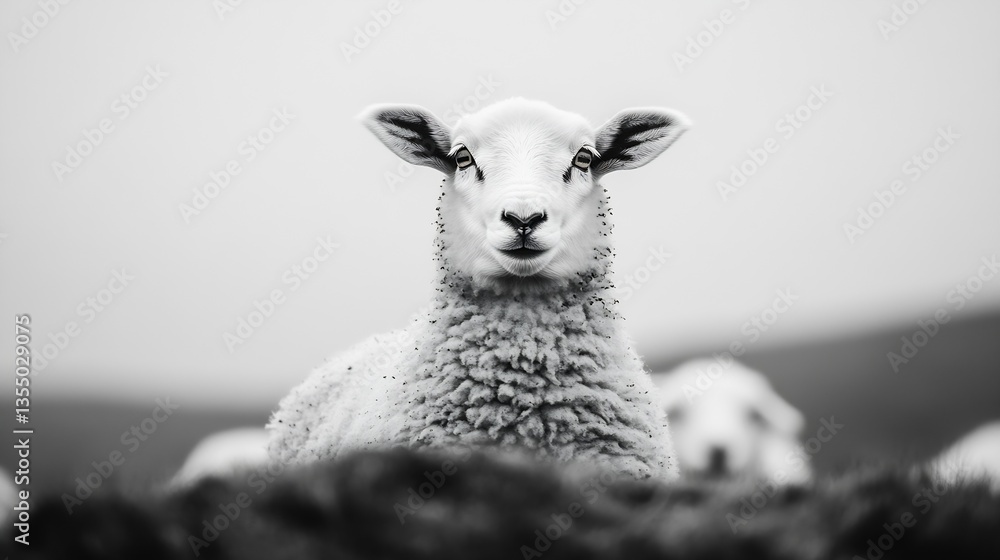 Poster Closeup of an adorable sheep in black and white capturing its charming expression : Generative AI