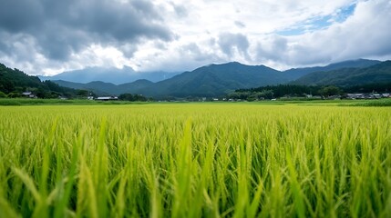 Fototapeta premium A vibrant lush rice field under partially cloudy skies with mountains in the background : Generative AI