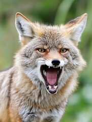 Obraz premium Close up of a coyote showing fierce expression with an open mouth in natural habitat : Generative AI