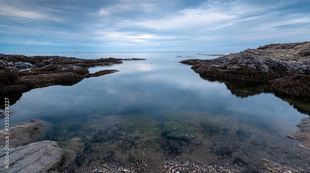 Poster calm ocean tide pools reflecting the sky surrounded by rocky shoreline during twilight hours : gener