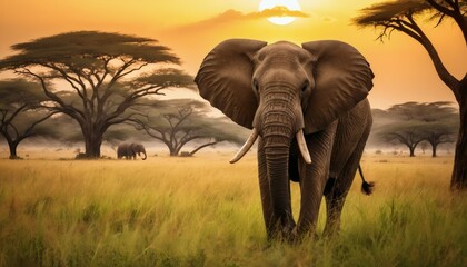 Obraz premium Elephant in African Savanna at Sunset Majestic Animal in Nature Scenery